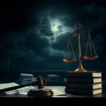 Flick International Dimly lit courtroom scene with gavel and legal documents symbolizing judicial system threat