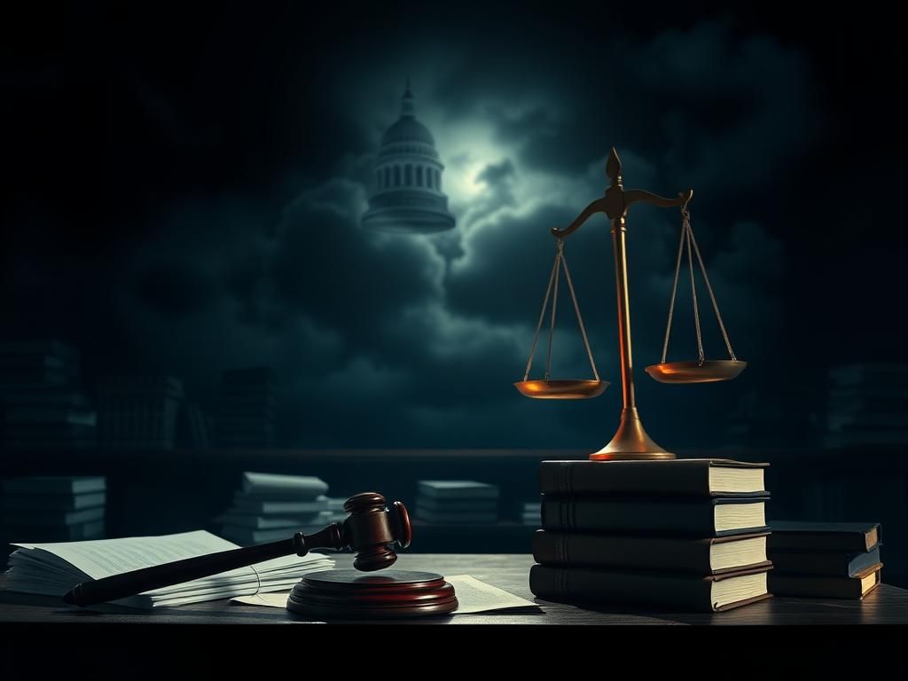 Flick International Dimly lit courtroom scene with gavel and legal documents symbolizing judicial system threat