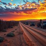 Flick International Rugged landscape of the U.S.-Mexico border with a wooden fence and military equipment