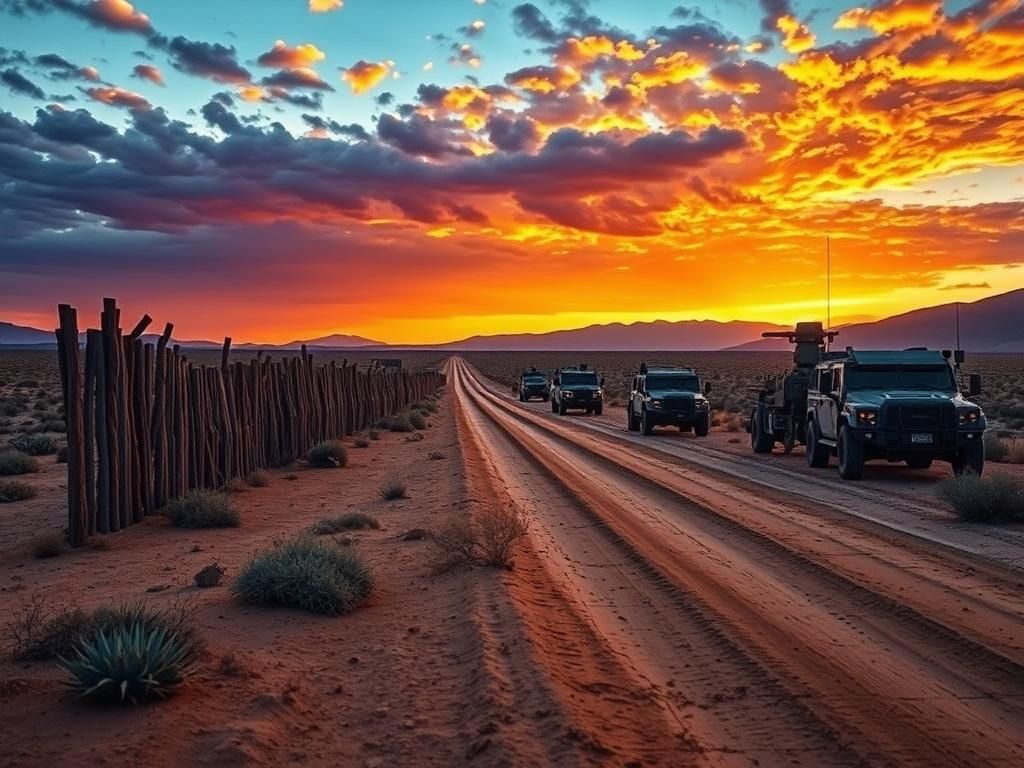 Flick International Rugged landscape of the U.S.-Mexico border with a wooden fence and military equipment