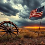 Flick International Crumbling wagon wheel in a desolate landscape symbolizing economic struggle