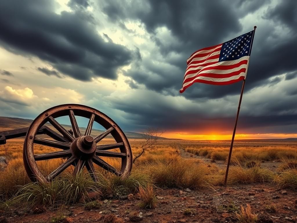 Flick International Crumbling wagon wheel in a desolate landscape symbolizing economic struggle