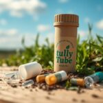 Flick International Close-up view of a Tully Tube, a paper pill bottle designed for pharmaceuticals, surrounded by greenery.