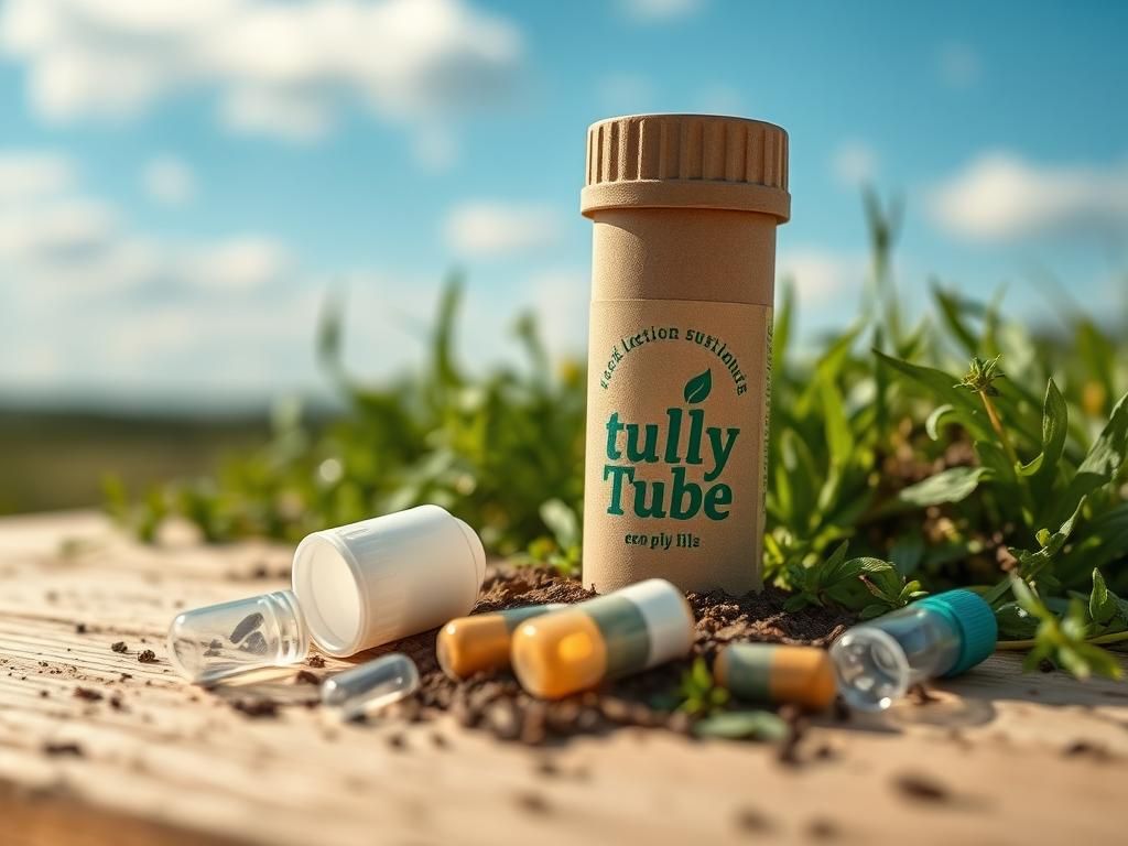 Flick International Close-up view of a Tully Tube, a paper pill bottle designed for pharmaceuticals, surrounded by greenery.