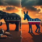 Flick International A political scene depicting the divide between the Republican and Democratic parties with symbols of outdated and modern leadership.