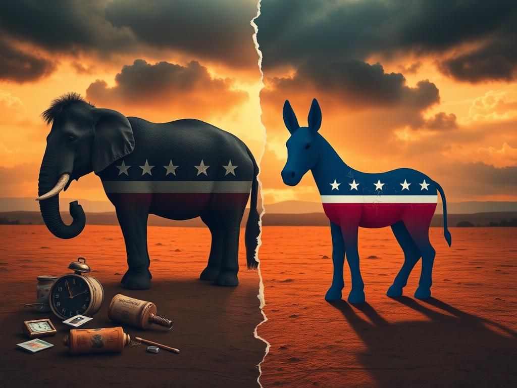 Flick International A political scene depicting the divide between the Republican and Democratic parties with symbols of outdated and modern leadership.