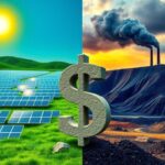 Flick International A split scene showing a field of solar panels and a coal mine, symbolizing the energy debate.