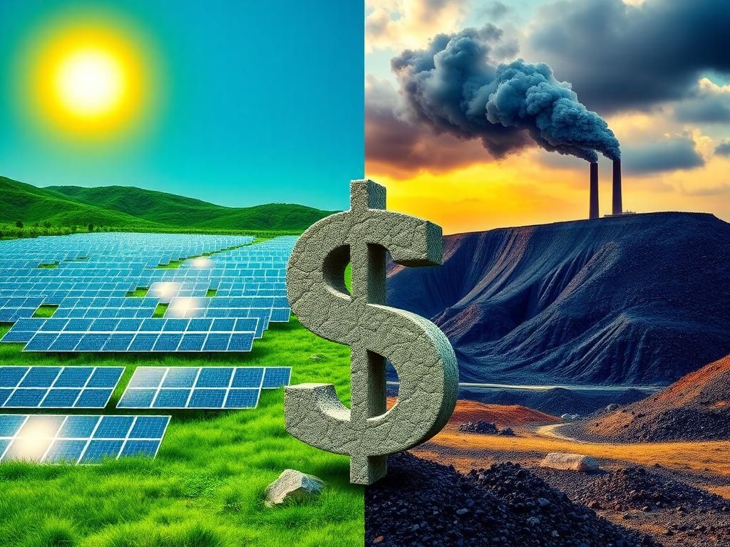 Flick International A split scene showing a field of solar panels and a coal mine, symbolizing the energy debate.