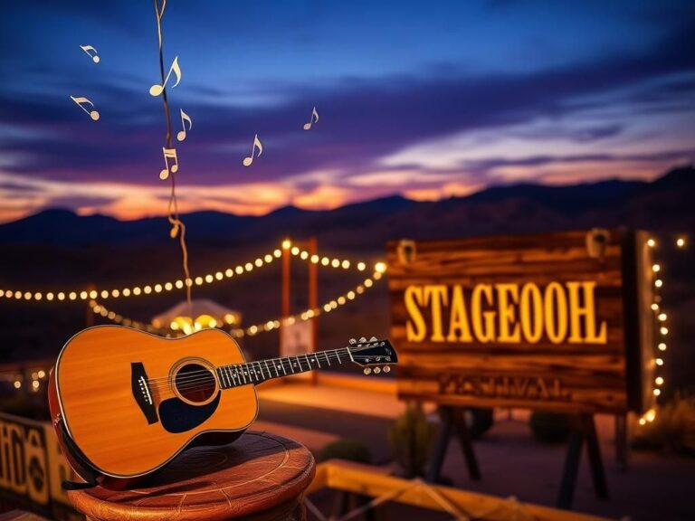 Flick International A picturesque outdoor stage at dusk with a vintage acoustic guitar symbolizing music passion
