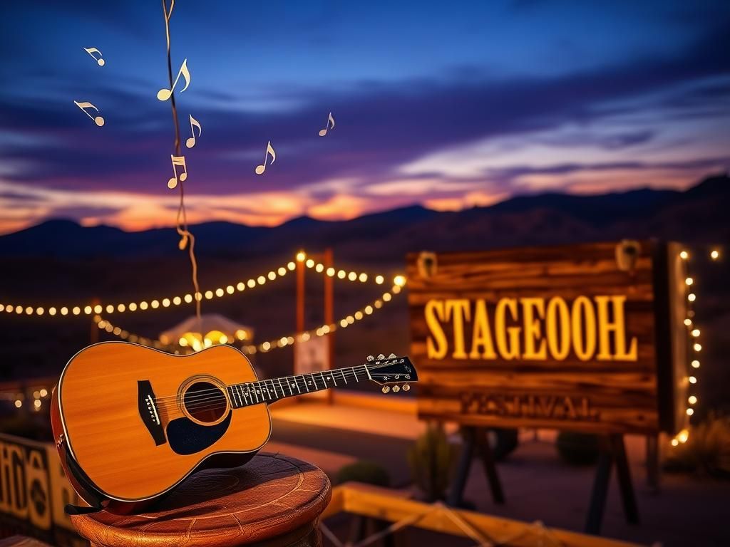 Flick International A picturesque outdoor stage at dusk with a vintage acoustic guitar symbolizing music passion