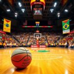 Flick International Basketball court featuring a game between Indiana Fever and Brazil women's national team with fans cheering