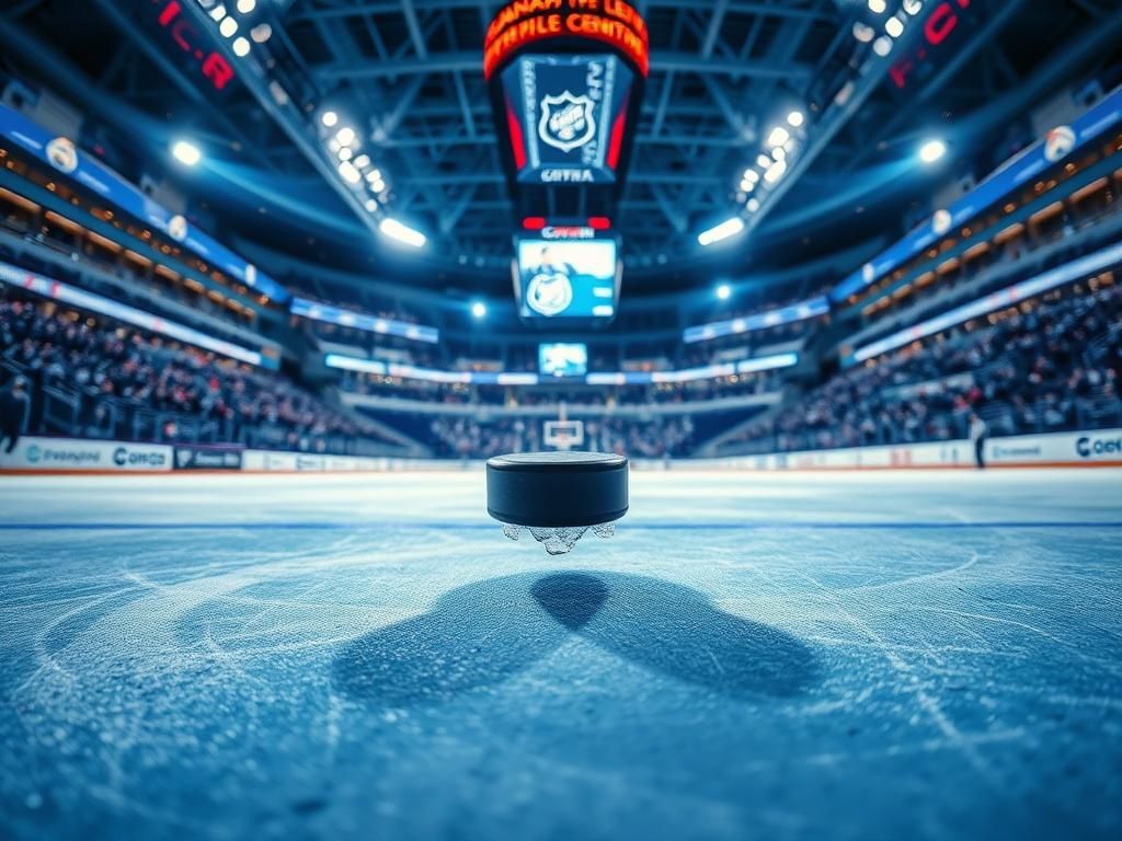 Flick International Close-up of a hockey puck frozen mid-air near the goal line