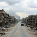 Flick International Crumbling buildings and debris-filled street showcasing the aftermath of conflict in Gaza