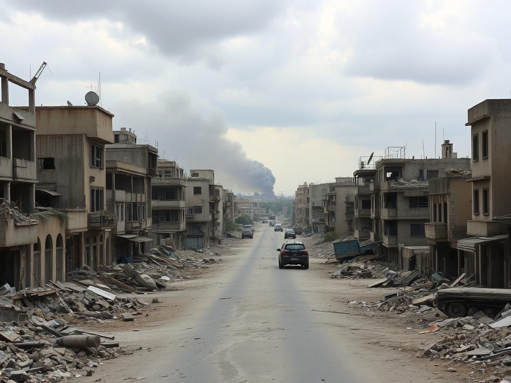 Flick International Crumbling buildings and debris-filled street showcasing the aftermath of conflict in Gaza