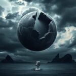 Flick International Dramatic landscape of a fractured globe against a stormy sky symbolizing global turmoil and destruction.