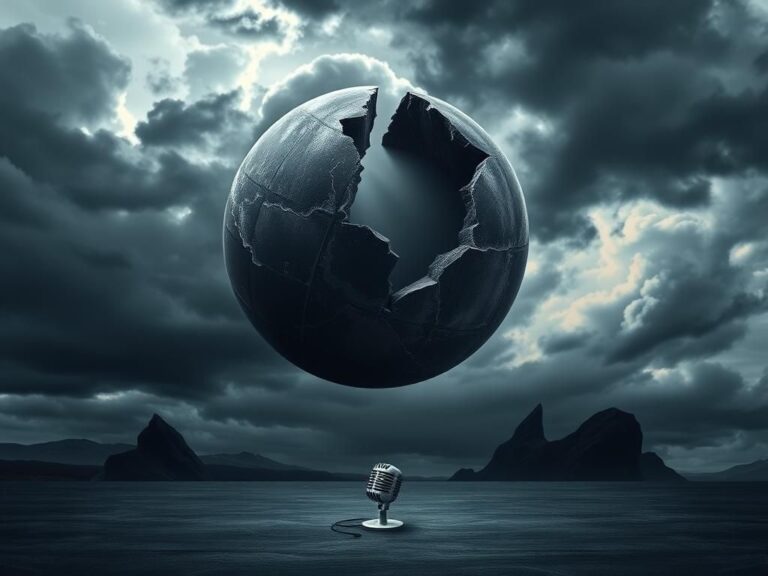 Flick International Dramatic landscape of a fractured globe against a stormy sky symbolizing global turmoil and destruction.