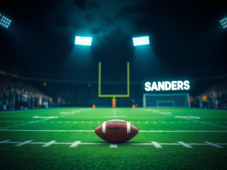 Flick International A dramatic football scene featuring a vibrant field and a scoreboard displaying the name 'Sanders'.