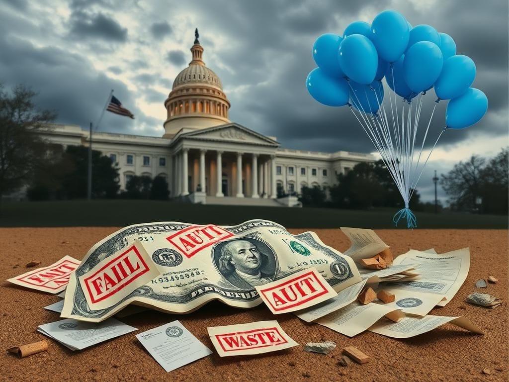 Flick International Depiction of government waste with a crumpled dollar bill and audit reports