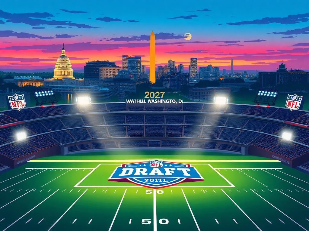 Flick International A vibrant illustration of Washington, D.C. skyline at dusk with NFL draft stage