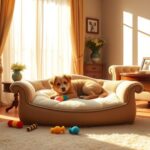 Flick International Cozy living room with a fluffy dog on a luxurious dog bed by a sunlit window