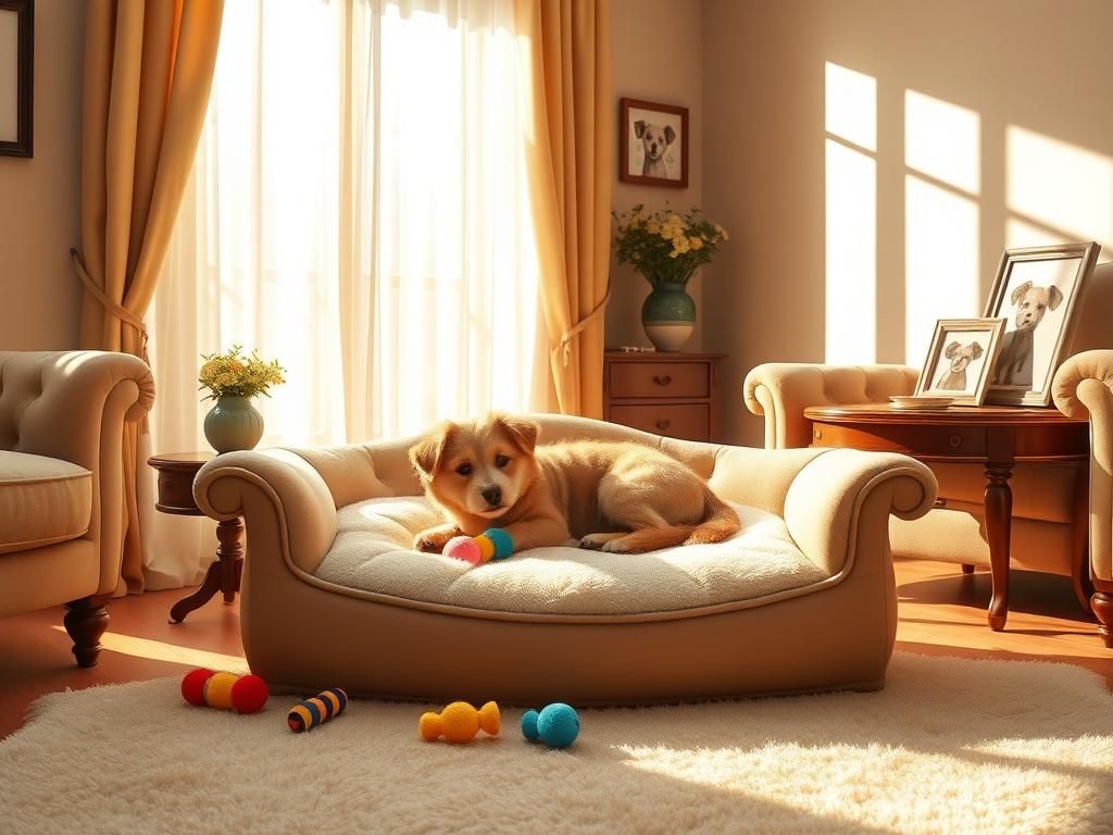 Flick International Cozy living room with a fluffy dog on a luxurious dog bed by a sunlit window