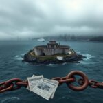 Flick International Aerial view of Alcatraz Island under an overcast sky