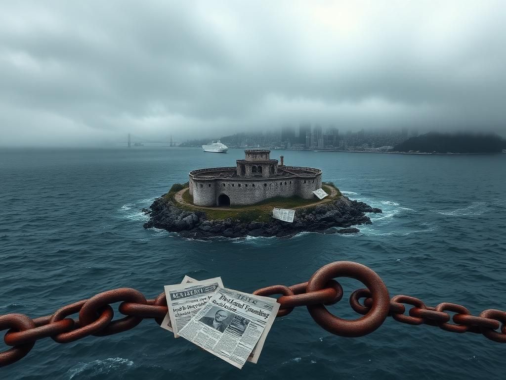 Flick International Aerial view of Alcatraz Island under an overcast sky