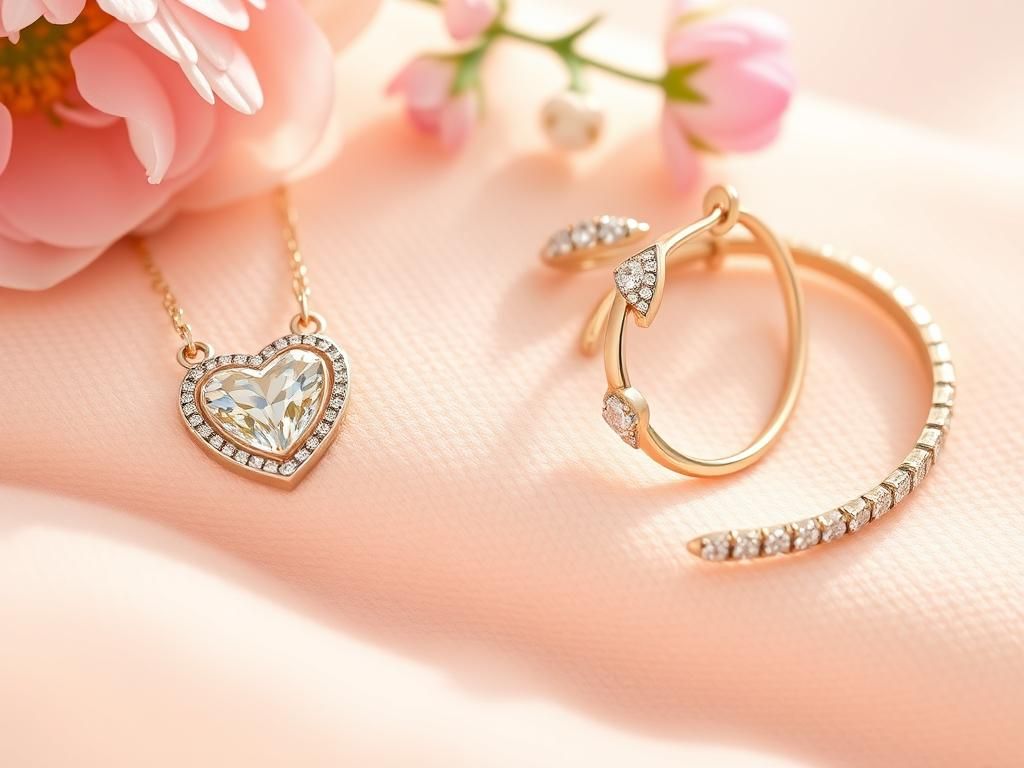 Flick International Close-up of elegant, affordable jewelry pieces including a heart-shaped necklace, gold hoop earrings, and a tennis bracelet.
