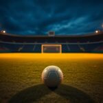 Flick International Empty soccer field at dusk with a lone soccer ball near the center circle