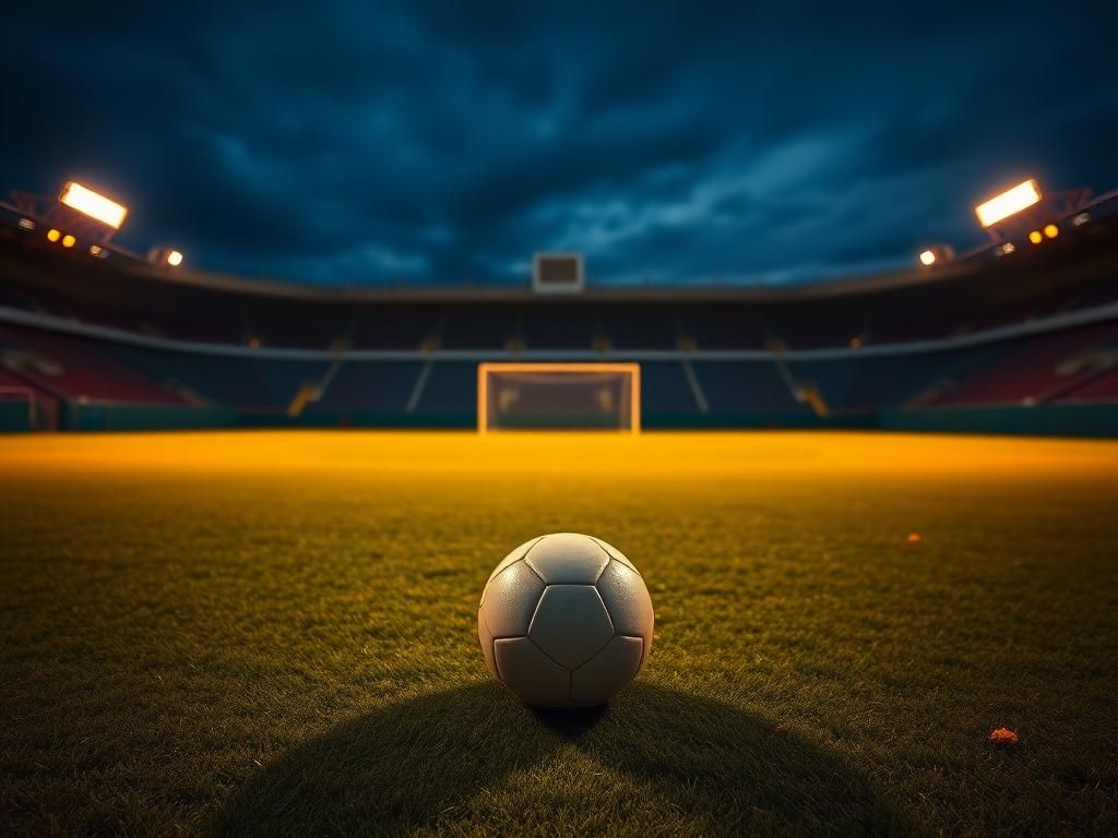 Flick International Empty soccer field at dusk with a lone soccer ball near the center circle
