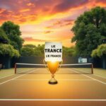 Flick International Vibrant tennis court in France with a shining trophy symbolizing victory