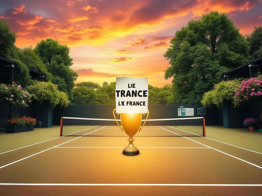 Flick International Vibrant tennis court in France with a shining trophy symbolizing victory