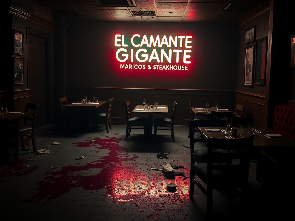 Flick International Interior of a dimly lit restaurant with abandoned tables and overturned chairs after a shooting incident