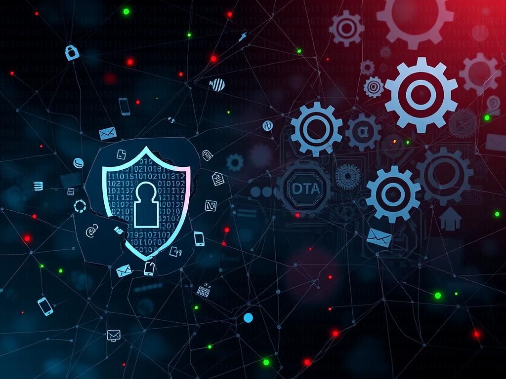 Flick International A complex digital landscape representing data privacy challenges with binary code and personal information icons.