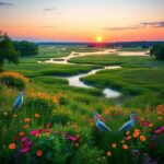 Flick International A serene view of Anahuac National Wildlife Refuge at dusk, showcasing lush greenery and vibrant wildlife.
