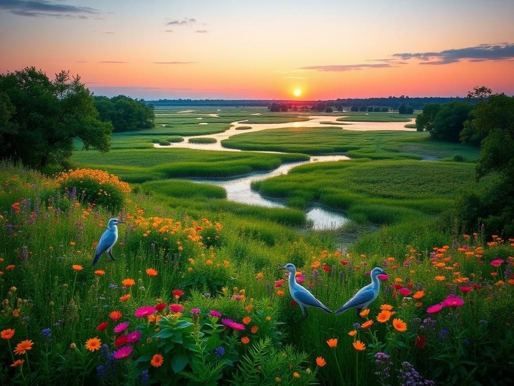 Flick International A serene view of Anahuac National Wildlife Refuge at dusk, showcasing lush greenery and vibrant wildlife.