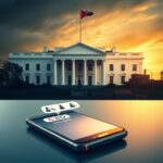 Flick International A dramatic representation of a large white house symbolizing political power, with an oversized smartphone on a desk highlighting CEO conversations.
