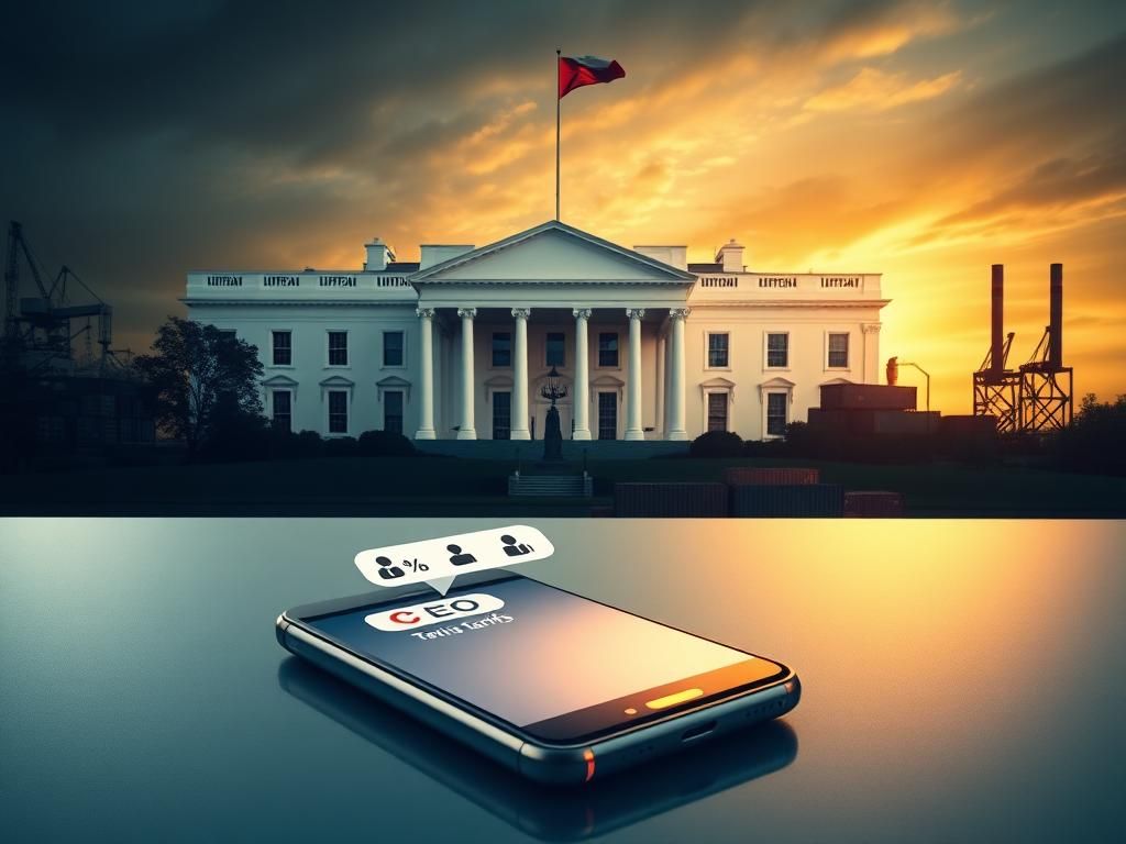 Flick International A dramatic representation of a large white house symbolizing political power, with an oversized smartphone on a desk highlighting CEO conversations.