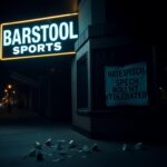 Flick International Darkened exterior view of Barstool Sports bar with neon sign and scattered debris