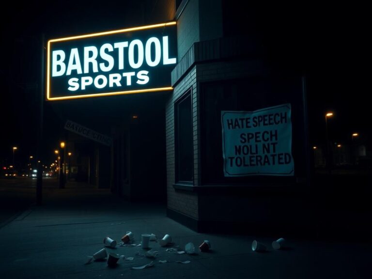 Flick International Darkened exterior view of Barstool Sports bar with neon sign and scattered debris