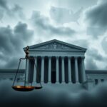 Flick International Grand U.S. Supreme Court building amidst clouds representing judicial power
