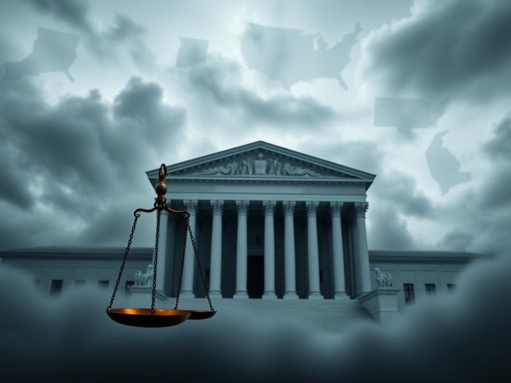 Flick International Grand U.S. Supreme Court building amidst clouds representing judicial power
