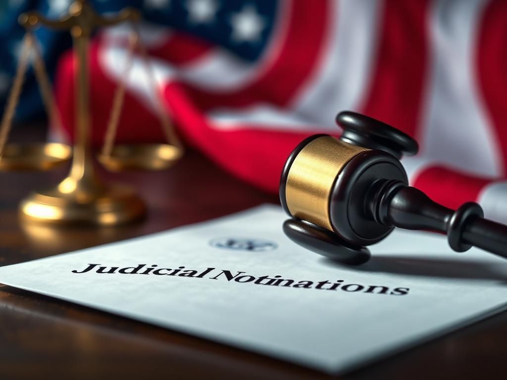 Flick International Close-up of a gavel on judicial nominations document with American flag background