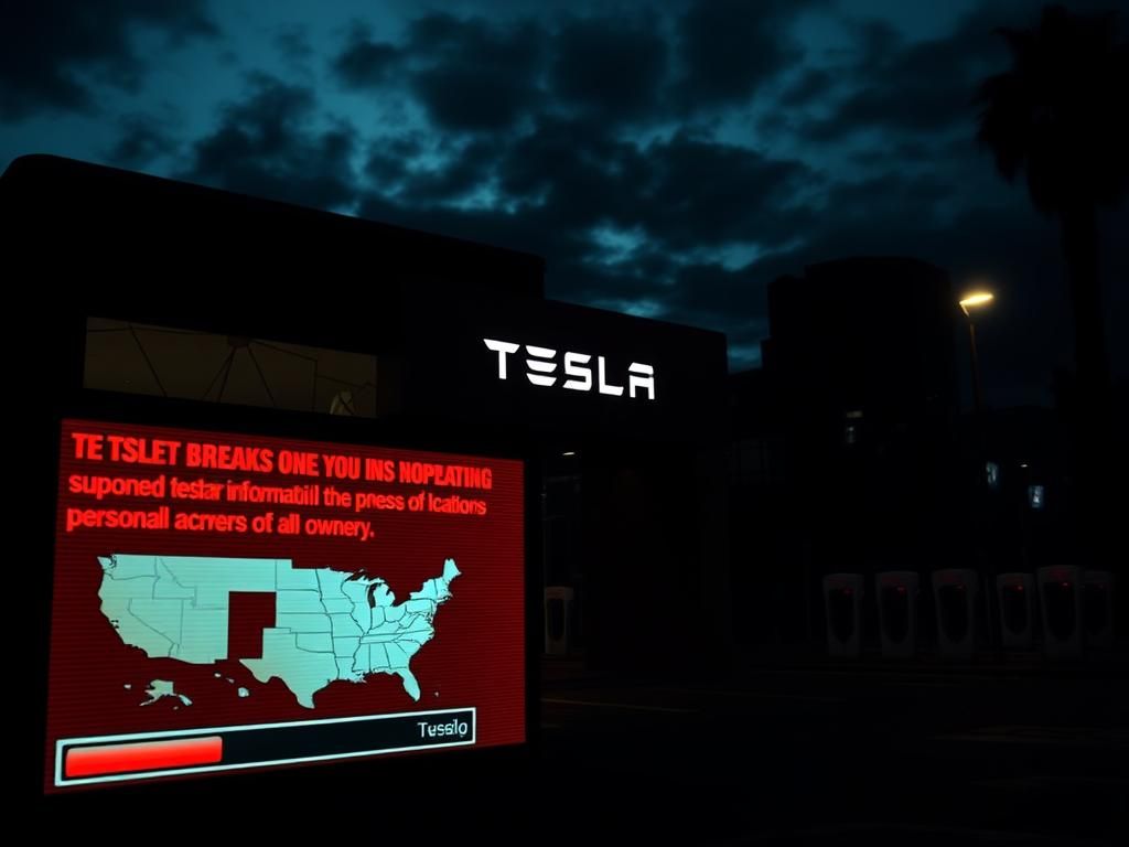 Flick International Dark urban landscape featuring a Tesla dealership with shattered windows and warning messages about data breaches.