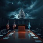 Flick International A dimly lit Senate hearing room with an empty podium and national flags