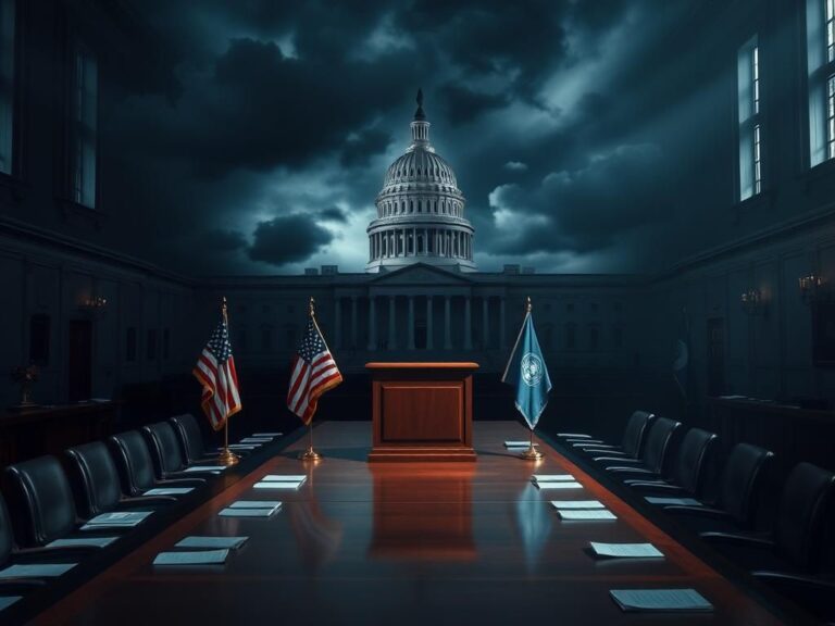 Flick International A dimly lit Senate hearing room with an empty podium and national flags