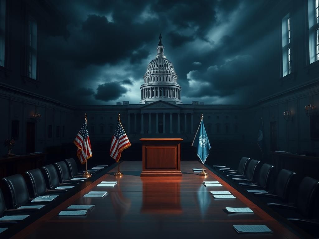 Flick International A dimly lit Senate hearing room with an empty podium and national flags