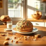 Flick International Cozy kitchen scene with a beautifully baked cookie on a plate surrounded by crumbs and a glass of milk