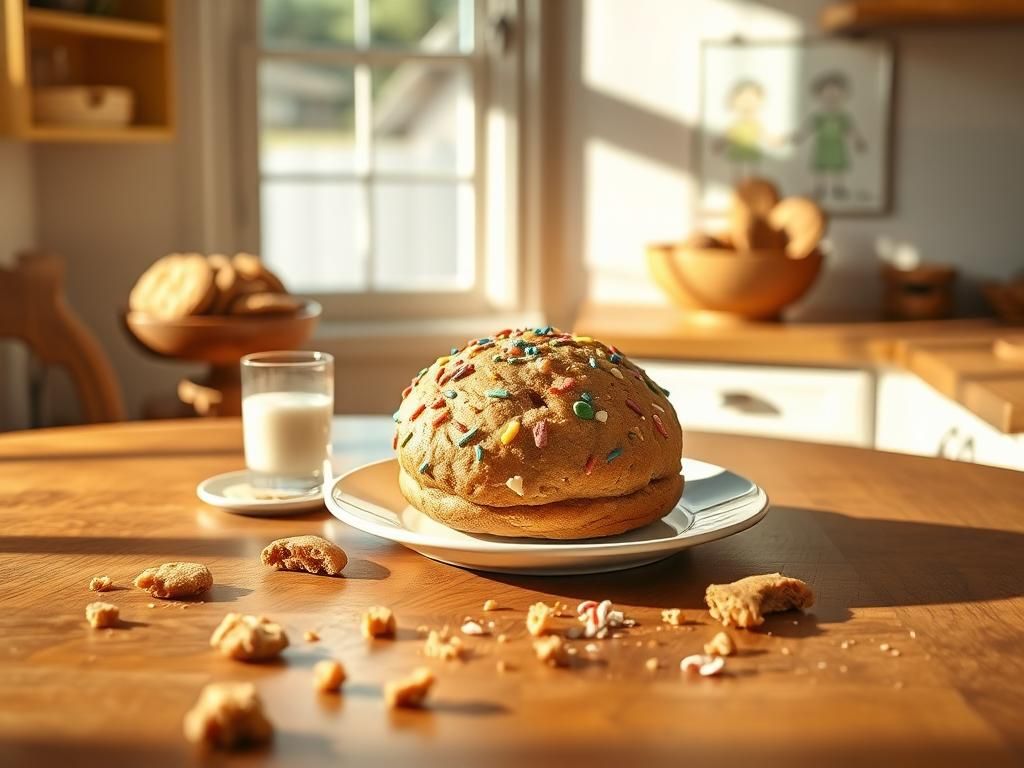 Flick International Cozy kitchen scene with a beautifully baked cookie on a plate surrounded by crumbs and a glass of milk