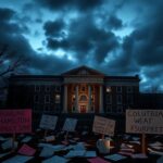 Flick International A somber view of Hamilton Hall at Columbia University during twilight with protest signs in the foreground.